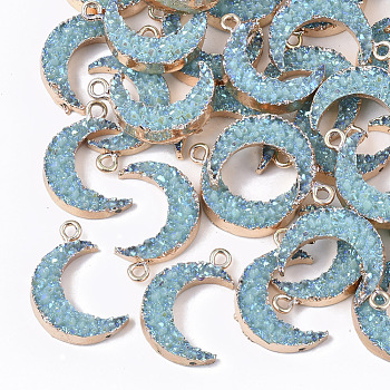 Druzy Resin Pendants, with Edge Light Gold Plated Iron Loops, AB Color Plated, Moon, Sky Blue, 23~24x15.5x5mm, Hole: 1.8mm