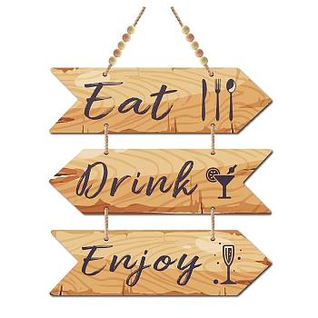 Wood Hanging Sings, Home Decorations, with 1M Jute Ropes and 10Pcs Wood Beads, Arrow with Inspirational Word Eat Drink Enjoy, Peru, Sign: 300x8.5x5mm, 3pcs/set