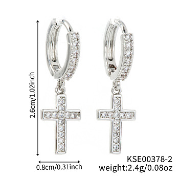 Shiny Brass Pave Cubic Zirconia Cross Hoop Earrings, Fashionable, Simple, and Trendy Women's Accessories, Silver, 26x8mm