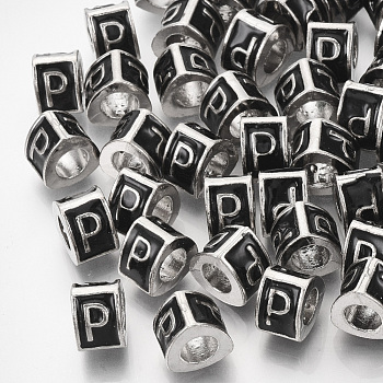 Alloy European Beads, Enamel Style, Large Hole Beads, Triangle with Letter, Platinum, Black, Letter.P, 9.5x9x6.5mm, Hole: 5mm