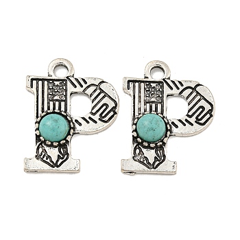 Synthetic Turquoise & Alloy Pendants, Letter Charms, Antique Silver, Letter P, 24.5x19x4mm, Hole: 3mm