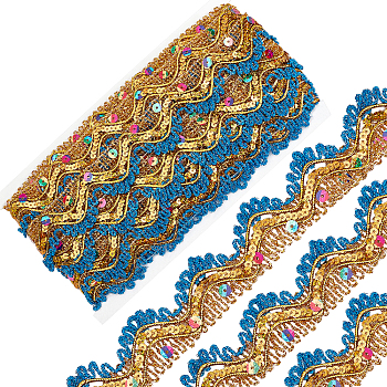 Polyester Glitter Ribbon, Ethnic Style, with Paillette/Sequin, Flat with Wavy, Marine Blue, 1-3/8 inch(33.5x2mm), about 9.30 Yards(8.5m)/Card