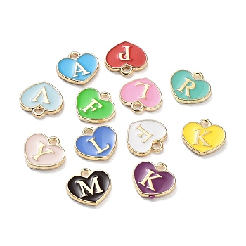 Alloy Enamel Charms, Light Gold, Heart with Letter Charm, Mixed Color, 11.5x12x1.8mm, Hole: 1.6mm
