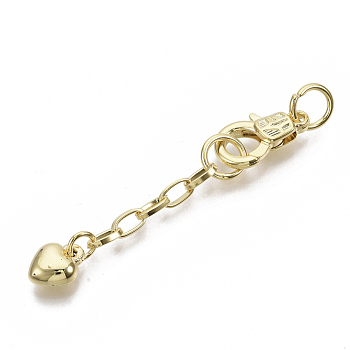 Brass Chain Extender, with Brass Lobster Claw Clasps,  Heart, Real 18K Gold Plated, 64mm, Clasp: 17x10x4mm, Extend Chain: 38mm, Jump Ring: 8x1mm, Inner Diameter: 6mm