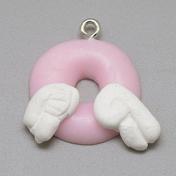 Handmade Polymer Clay Pendants, Donut, Pink, 22~25x23~30x6~7mm, Hole: 2mm