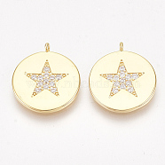 Brass Micro Pave Cubic Zirconia Pentacle Pendants, Flat Round with Star, Clear, Nickel Free, Real 18K Gold Plated, 16.5x14.5x2.5mm, Hole: 1mm(X-KK-S350-272)