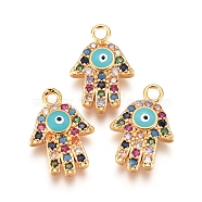 Brass Micro Pave Cubic Zirconia Charms, with Enamel, Hamsa Hand/Hand of Fatima/Hand of Miriam with Evil Eye, Colorful, Golden, 14x10x2mm, Hole: 1mm(KK-G391-09G)