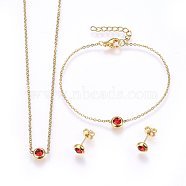 304 Stainless Steel Jewelry Sets, Pendant Necklaces & Stud Earrings & Bracelets, with Rhinestones, Flat Round, Red, Golden, 16.54 inch(42cm), 6-3/4 inch(17cm), 6.5x3.5mm, Pin: 0.8mm(SJEW-H144-24A-G)