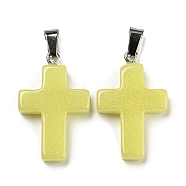 Synthetic Luminous Stone Dyed Pendants, Glow in the Dark Cross Charms with Platinum Plated Iron Snap on Bails, Light Khaki, 28x18x4.5mm, Hole: 7x4mm(G-H308-06P-01)