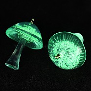 Luminous Epoxy Resin Mushroom Pendants, Glow in the Dark, with Brass Finding, Aquamarine, 34x24mm, Hole: 1.4mm(RESI-C054-01F)