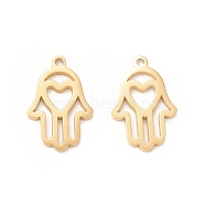 304 Stainless Steel Pendants, Hamsa Hand/Hand of Miriam, Real 18K Gold Plated, 13x8.5x1mm, Hole: 0.9mm(STAS-A075-21G)