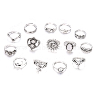 14Pcs 14 Style Rhinestone Finger Rings Set, Flower & Leaf & Moon & Crown Alloy Stackable Rings for Women, Antique Silver, Inner Diameter: 16~20mm, 1Pc/style(AJEW-PW0005-02AS)