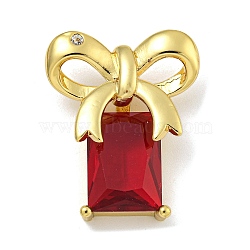 Rack Plating Brass Micro Pave Cubic Zirconia Pendants, with Glass, Long-Lasting Plated, Cadmium Free & Lead Free, Real 18K Gold Plated, Rectangle & Bowknot, Dark Red, 26x21x8mm, Hole: 2x5.5mm(KK-I718-14G-03)