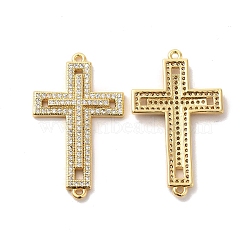 Brass Micro Pave Clear Cubic Zirconia Connetor Charms, Religion Cross Links, Golden, 32.5x19x2.5mm, Hole: 1.5mm(KK-A180-04G)