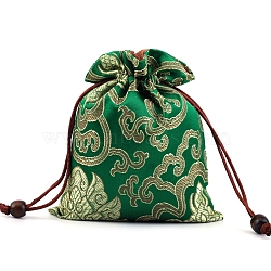 Chinese Style Silk Embroidery Flower Storage Bags, Drawstring Pouches Packaging Bag, Rectangle, Green, 13x10cm(PW-WG71997-09)