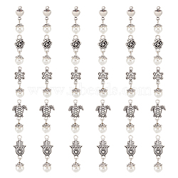 6 Sets Acrylic Imitated Pearl Pendants, with Tibetan Style Alloy Finding, Heart & Flower & Hamsa Hand Hand of Miriam & Sea Turtle, Antique Silver, 25~36mm, Hole: 1.8~2mm, 5pcs/set, 30pcs/box(FIND-AR0003-37)