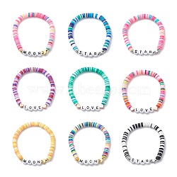 9Pcs 9 Style Handmade Polymer Clay Heishi Surfer Stretch Bracelets Set, Word Love Star Moon Acrylic Beaded Stackable Preppy Bracelets for Women, Mixed Color, Inner Diameter: 1-7/8 inch(4.9cm), 1Pc/style(BJEW-JB08863)