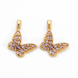 Brass Lilac Cubic Zirconia Pendants, Nickel Free, Butterfly, Real 18K Gold Plated, 14x17x2.5mm, Hole: 5x3mm(KK-N233-116G-NF)