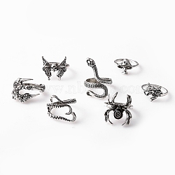 7Pcs 7 Style Skull & Snake & Butterfly & Mushroom & Claw Alloy Cuff Rings Set for Halloween, Antique Silver, Inner Diameter: 17mm, 1Pc/style(HAWE-PW0001-240)