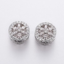 (Holiday Stock-Up Sale)Brass Micro Pave Cubic Zirconia European Beads, Large Hole Beads, Flat Round with Flower, Clear, Platinum, 12x10mm, Hole: 4mm(OPDL-P001-17)