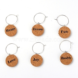 Natural Wood Wine Glass Charms, with Wine Glass Charm Rings Hoop Earrings, Flat Round with Word, Sandy Brown, 60mm, Inner Diameter: 23mm, 6pcs/set(WOOD-WH0023-03)
