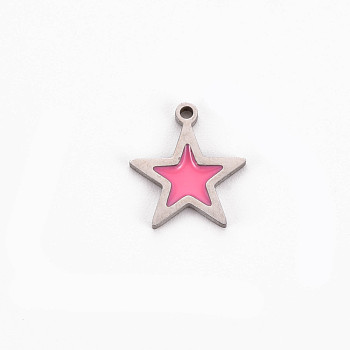 304 Stainless Steel Enamel Charms, Stainless Steel Color, Star, Hot Pink, 11.5x10x1mm, Hole: 1mm