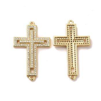 Brass Micro Pave Clear Cubic Zirconia Connetor Charms, Religion Cross Links, Golden, 32.5x19x2.5mm, Hole: 1.5mm