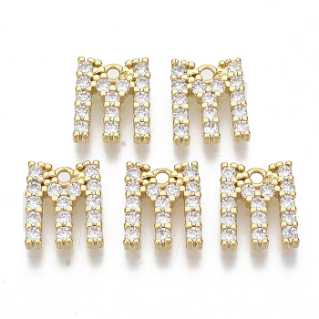 Brass Micro Pave Cubic Zirconia Charms, Nickel Free, Letter, Clear, Real 18K Gold Plated, Letter.M, 11.5x10x2.5mm, Hole: 1.2mm