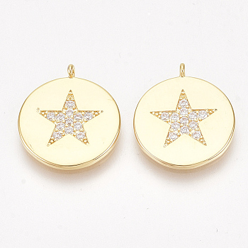 Brass Micro Pave Cubic Zirconia Pentacle Pendants, Flat Round with Star, Clear, Nickel Free, Real 18K Gold Plated, 16.5x14.5x2.5mm, Hole: 1mm