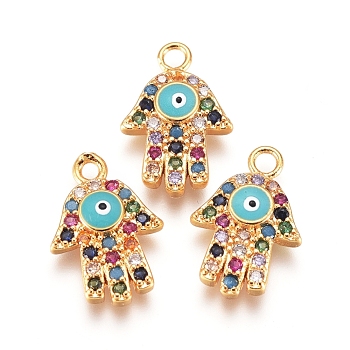 Brass Micro Pave Cubic Zirconia Charms, with Enamel, Hamsa Hand/Hand of Fatima/Hand of Miriam with Evil Eye, Colorful, Golden, 14x10x2mm, Hole: 1mm
