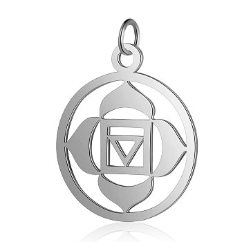 304 Stainless Steel Pendants, Chakra, Muladhara, Flat Round with Flower, Stainless Steel Color, 22.5x19x1mm, Hole: 3mm