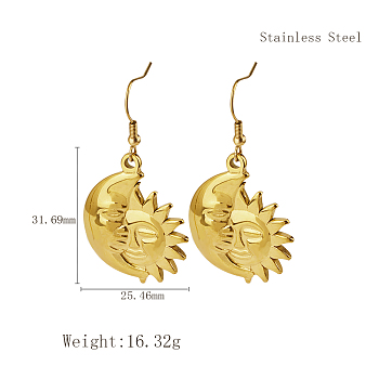 Stylish Stainless Steel Sun Dangle Earrings for Women, Various Designs Available, Golden, 20.76x25.46mm