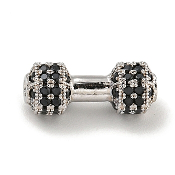 Brass Micro Pave Black Cubic Zirconia Beads, Dumbbell, Platinum, 6.5x16.5x3.5mm, Hole: 1.8mm