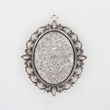 Tibetan Style Alloy Pendant Cabochon Settings, Cadmium Free & Lead Free, Oval, Antique Silver, Tray: 30x40mm, 61x47x2mm, Hole: 3mm