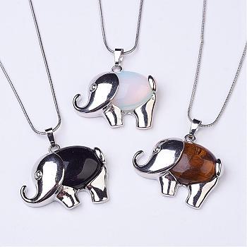 Brass Natural & Synthetic Mixed Stone Pendant Necklaces, Elephant, with Brass Snake Chain, Platinum, 17.3 inch(440mm)