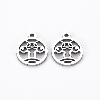 201 Stainless Steel Charms, Cut, Flat Round with Face, Stainless Steel Color, 12x10x1mm, Hole: 1.2mm