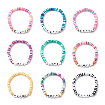 9Pcs 9 Style Handmade Polymer Clay Heishi Surfer Stretch Bracelets Set, Word Love Star Moon Acrylic Beaded Stackable Preppy Bracelets for Women, Mixed Color, Inner Diameter: 1-7/8 inch(4.9cm), 1Pc/style