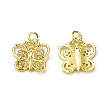 Brass Micro Pave Cubic Zirconia Charms, with Jump Ring, Butterfly Charm, Golden, 15x15x2mm, Hole: 3mm