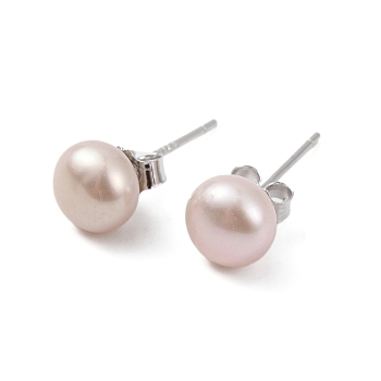 Natural Pearl Round Bead Stud Earrings, with Real Platinum Plated 925 Sterling Silver Findings, Thistle, 16x6~7mm