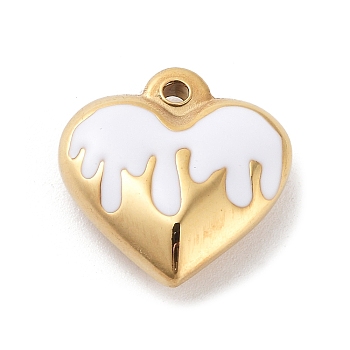 304 Stainless Steel Pendants, with Enamel, Golden, Heart Charm, White, 17x16.5x5.5mm, Hole: 1.7mm