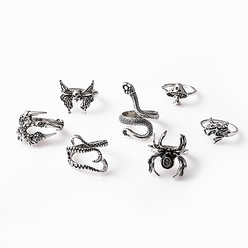 7Pcs 7 Style Skull & Snake & Butterfly & Mushroom & Claw Alloy Cuff Rings Set for Halloween, Antique Silver, Inner Diameter: 17mm, 1Pc/style
