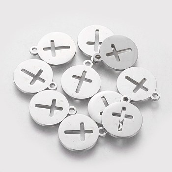 304 Stainless Steel Charms, Flat Round with Cross, Stainless Steel Color, 14x12x1mm, Hole: 1.5mm