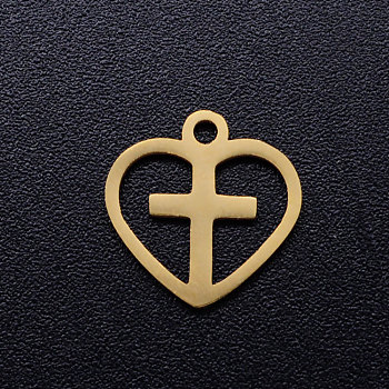 201 Stainless Steel Hollow Charms, Crosslet Heart Charms, Heart with Cross, Golden, 12x12x1mm, Hole: 1.5mm