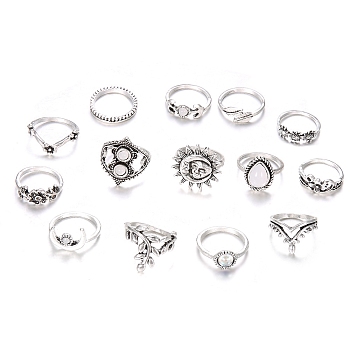 14Pcs 14 Style Rhinestone Finger Rings Set, Flower & Leaf & Moon & Crown Alloy Stackable Rings for Women, Antique Silver, Inner Diameter: 16~20mm, 1Pc/style