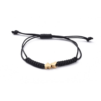 Unisex Adjustable Korean Waxed Polyester Cord Braided Bead Bracelets, with Brass Beads, Heart, Real 18K Gold Plated, Black, 2.2~7.8cm