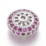 Brass Micro Pave Cubic Zirconia Spacer Beads, Flat Round, Deep Pink, Platinum, 11x5mm, Hole: 1.4mm(ZIRC-L085-61P)