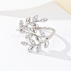 Brass Micro Pave Cubic Zirconia Finger Rings for Women, Leaf, Silver, US Size 6(16.5mm)(FU0623-5)