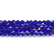 Transparent Electroplate Glass Beads Strands, AB Color Plated, Faceted, Bicone, Dark Blue, 4x4mm, Hole: 0.8mm, about 87~98pcs/strand, 12.76~14.61 inch(32.4~37.1cm)(GLAA-F029-4mm-D06)