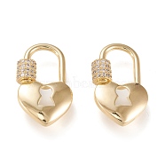 Brass Micro Pave Clear Cubic Zirconia Screw Carabiner Lock Charms, for Necklaces Making, Long-Lasting Plated, Heart Lock, Golden, 25x15x3mm, Screw: 5x6mm(ZIRC-K086-12G)