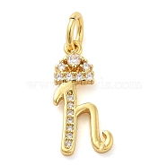 Brass Micro Pave Cubic Zirconia Pendants, with Jump Ring, Letter H, 18x9x2mm, Ring: 6x1mm, Inner Diameter: 4mm(KK-M273-01G-H)